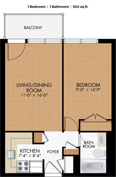 Floor plan for 1 bed, 1 bath, 715 sqft